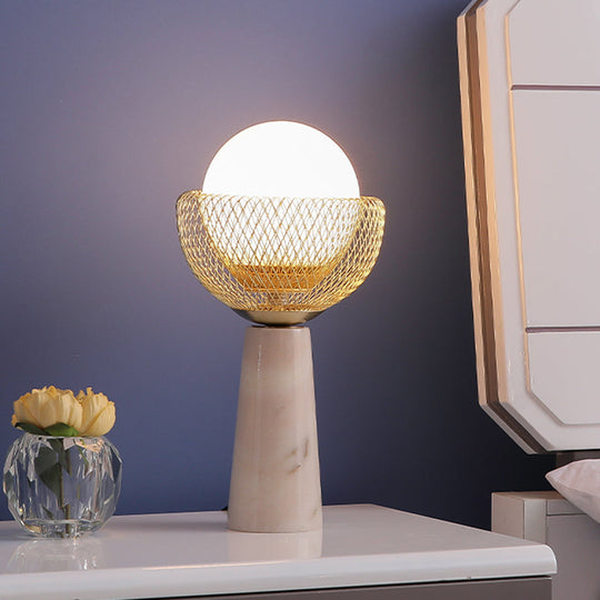 Rita - Minimalist Sphere White Glass Table Light 1 - Head Gold Night Lamp With Mesh Design