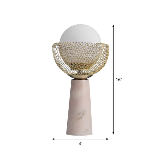 Rita - Minimalist Sphere White Glass Table Light 1 - Head Gold Night Lamp With Mesh Design