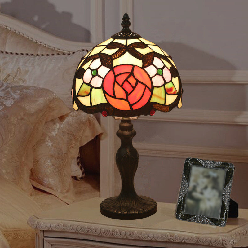 Elizabeth - Rose Domed Table Light 1 Hand Cut Glass Tiffany Style Patterned Nightstand Lamp For