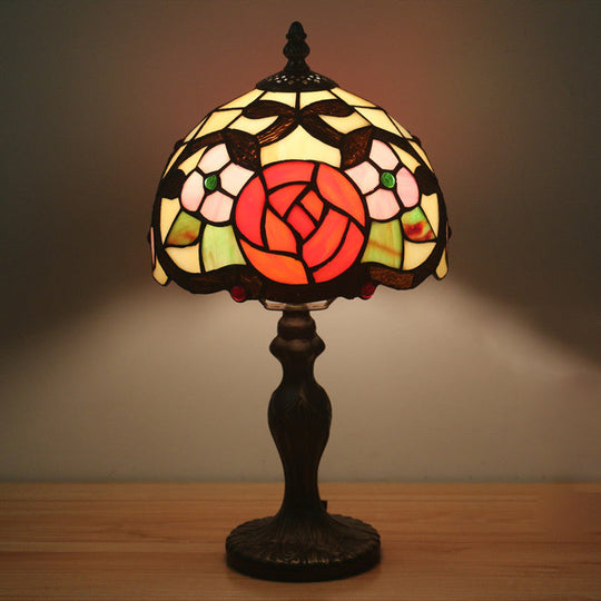 Elizabeth - Rose Domed Table Light 1 Hand Cut Glass Tiffany Style Patterned Nightstand Lamp For