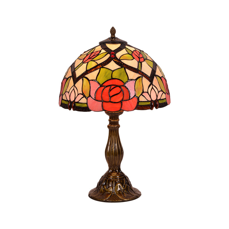 Alrai - Victorian Bloom Night Lighting Stained Glass 1 Light Brass Finish Nightstand Lamp With Bowl