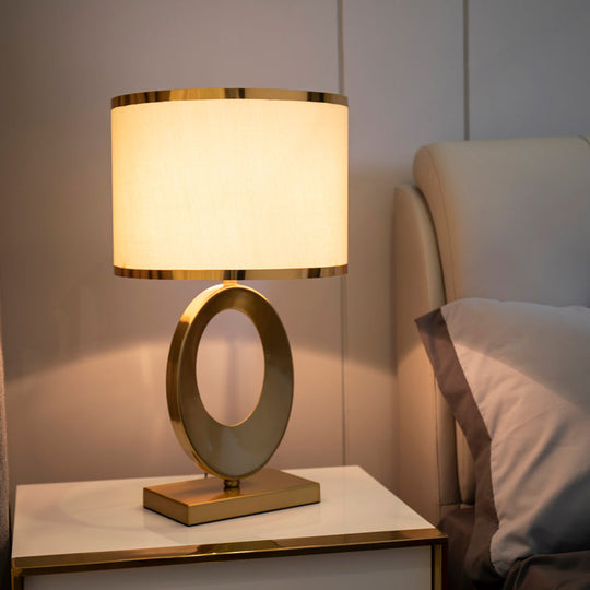 Gloria - Antique Drum Fabric Task Lighting: Elegant 1 Bulb Night Table Lamp For Gold