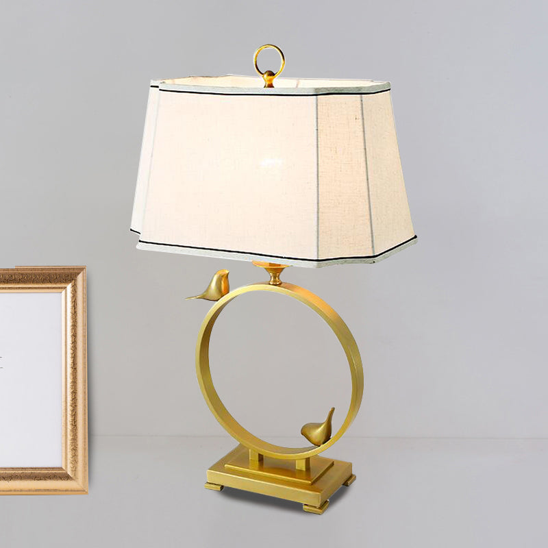 Chloé - Brass Fabric Desk Lamp Paneled Cuboid 1 Light Rustic Style Night Lighting With Bird Deco