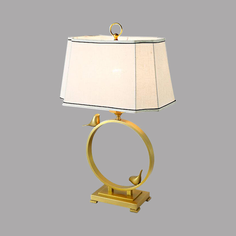 Chloé - Brass Fabric Desk Lamp Paneled Cuboid 1 Light Rustic Style Night Lighting With Bird Deco