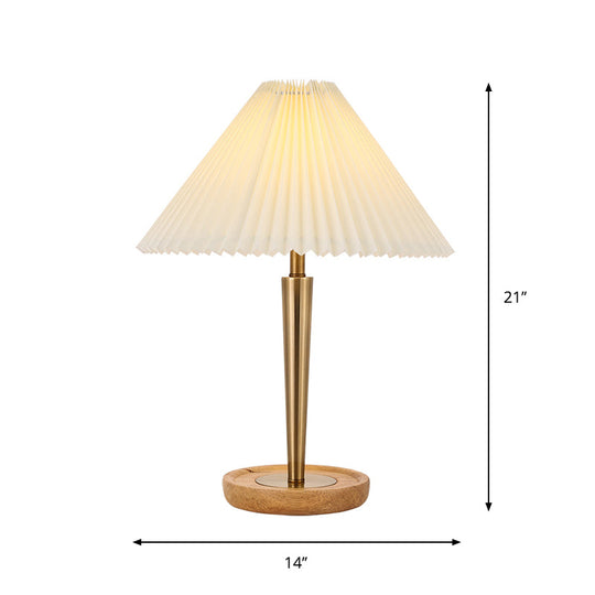 Zoé - Gold 1 - Head Night Table Lamp Countryside Conic Pleated Fabric Task Lighting With Wood