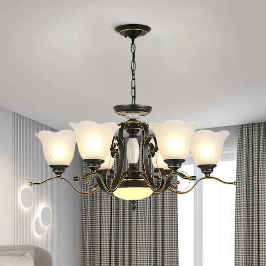 3/6 Heads Blossom Chandelier Lamp Traditional Black Opaline Glass Suspension Lighting With Scroll