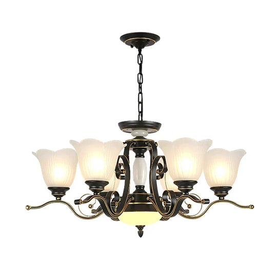 3/6 Heads Blossom Chandelier Lamp Traditional Black Opaline Glass Suspension Lighting With Scroll