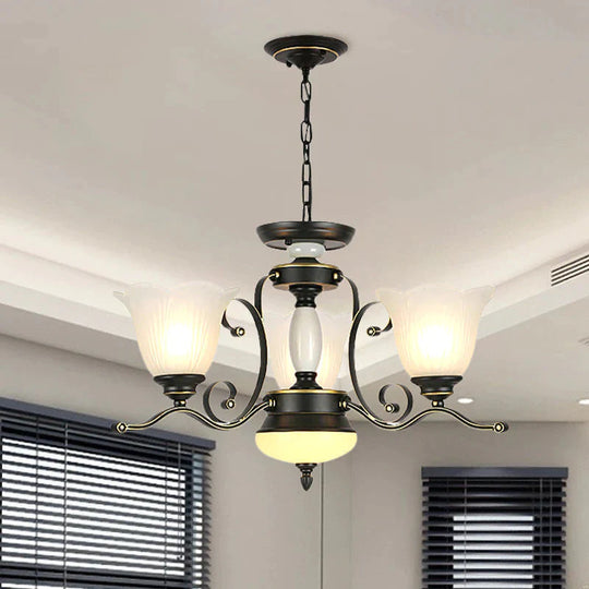 3/6 Heads Blossom Chandelier Lamp Traditional Black Opaline Glass Suspension Lighting With Scroll