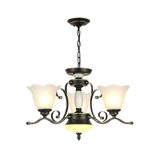 3/6 Heads Blossom Chandelier Lamp Traditional Black Opaline Glass Suspension Lighting With Scroll