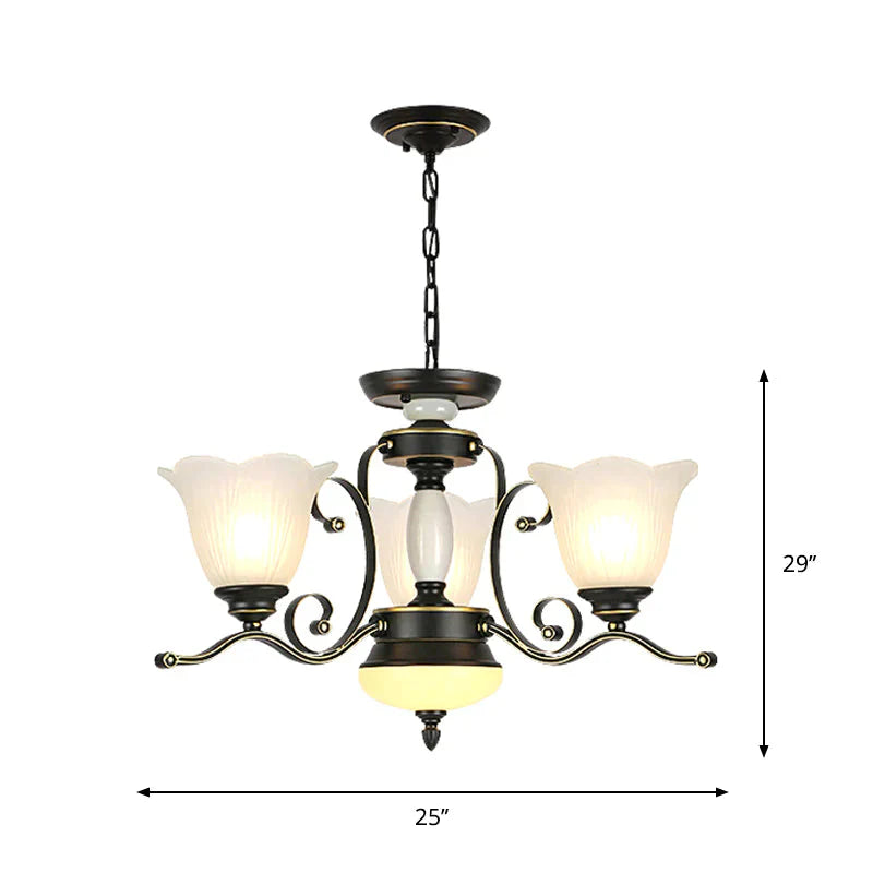 3/6 Heads Blossom Chandelier Lamp Traditional Black Opaline Glass Suspension Lighting With Scroll