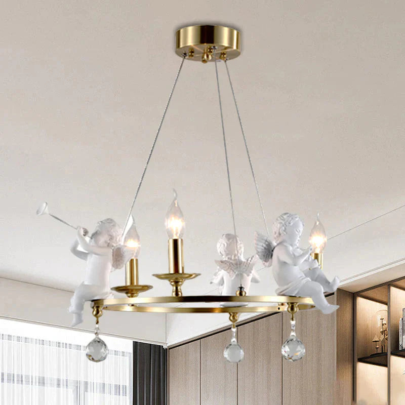 Candlestick Metallic Ceiling Pendant Nordic 3 - Bulb Gold Hanging Chandelier With Angel Deco