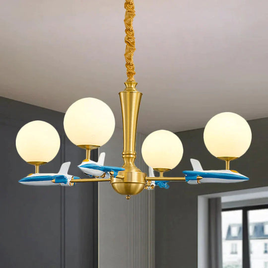 Kids Spherical Suspension Lamp Opaque Glass 4 Lights Nursery Chandelier Light With Airplane Deco In