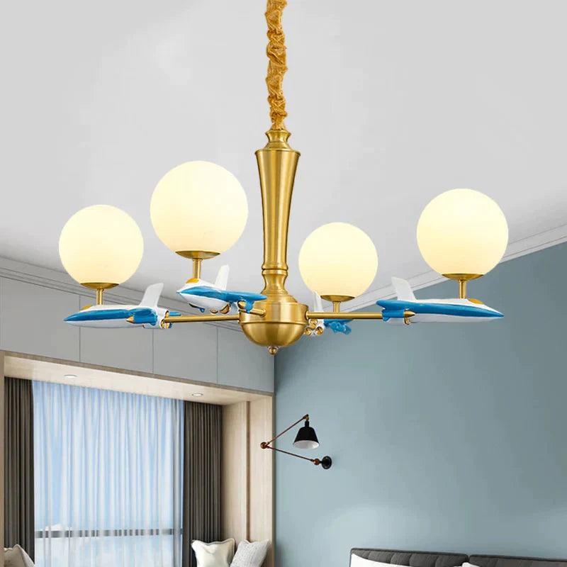 Kids Spherical Suspension Lamp Opaque Glass 4 Lights Nursery Chandelier Light With Airplane Deco In