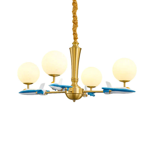 Kids Spherical Suspension Lamp Opaque Glass 4 Lights Nursery Chandelier Light With Airplane Deco In