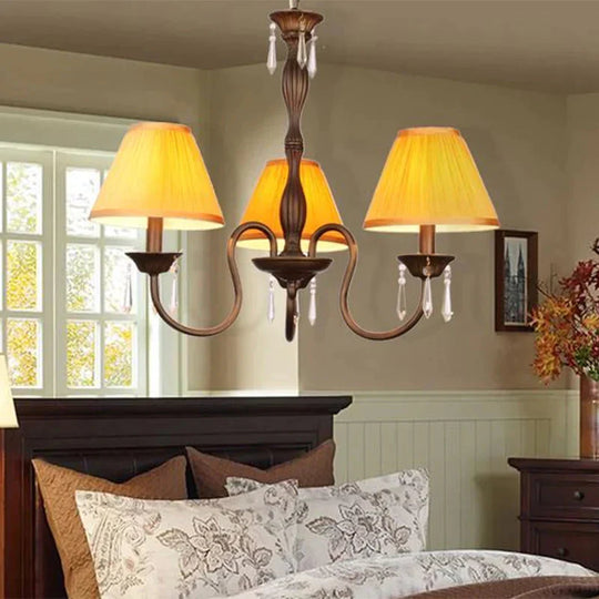 3 Lights Ceiling Lamp With Tapered Fabric Shade Traditional Bedroom Chandelier Pendant Light In