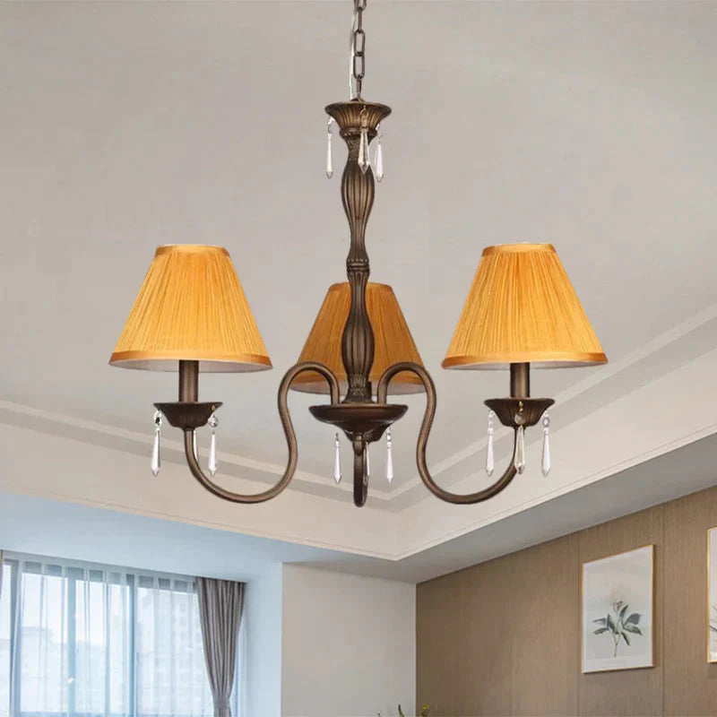 3 Lights Ceiling Lamp With Tapered Fabric Shade Traditional Bedroom Chandelier Pendant Light In