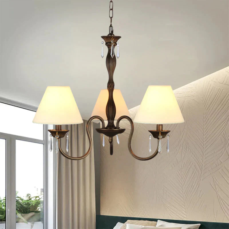 3 Lights Ceiling Lamp With Tapered Fabric Shade Traditional Bedroom Chandelier Pendant Light In