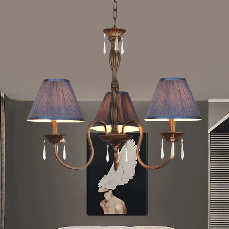 3 Lights Ceiling Lamp With Tapered Fabric Shade Traditional Bedroom Chandelier Pendant Light In