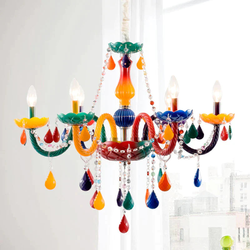 Beautiful Multi - Color Chandelier Candle 6 Lights Glass Pendant Light For Kindergarten Living Room