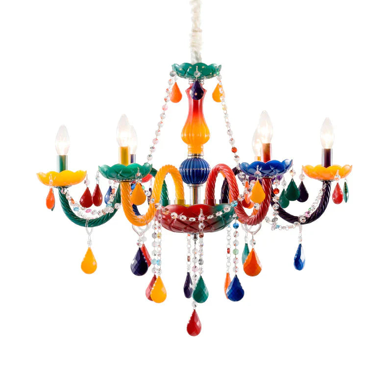 Beautiful Multi - Color Chandelier Candle 6 Lights Glass Pendant Light For Kindergarten Living Room