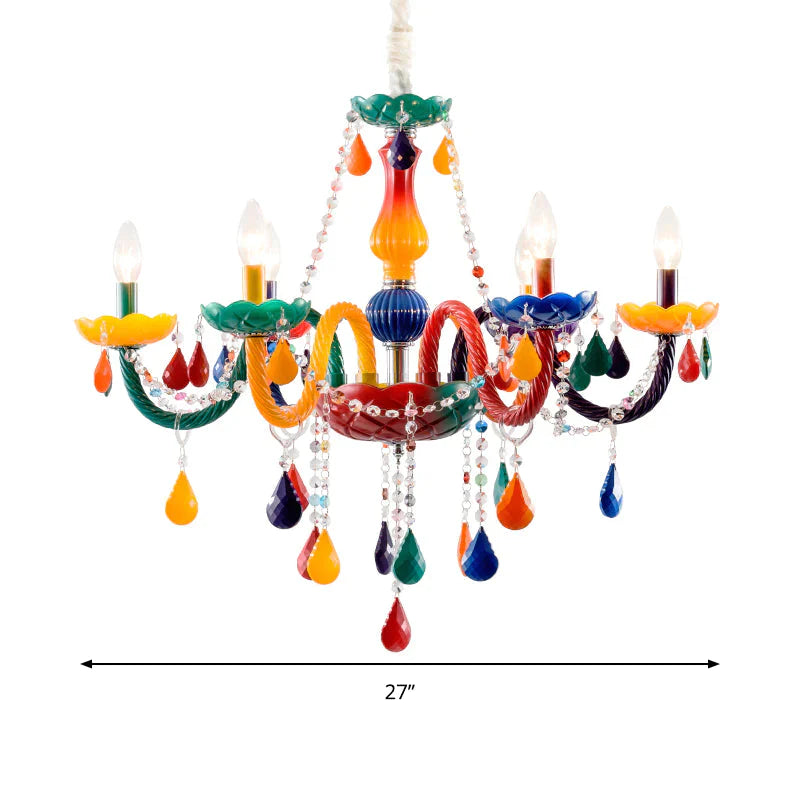 Beautiful Multi - Color Chandelier Candle 6 Lights Glass Pendant Light For Kindergarten Living Room