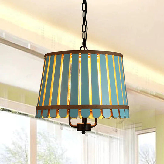 Modern Wooden Wide Slatted 3 Lights Chandelier Blue/Green/Wood Hanging Pendant For Dining Room