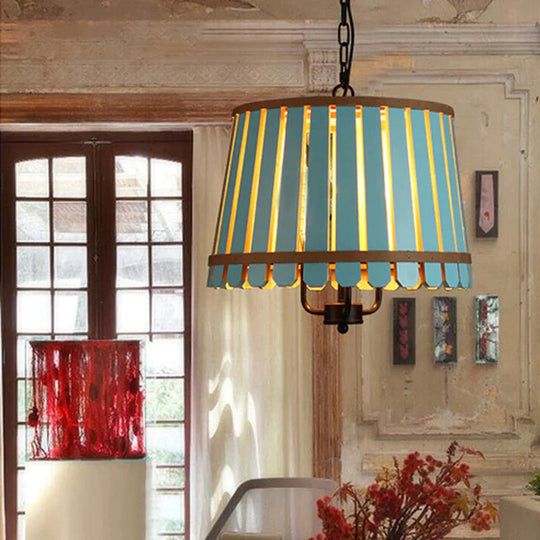 Modern Wooden Wide Slatted 3 Lights Chandelier Blue/Green/Wood Hanging Pendant For Dining Room