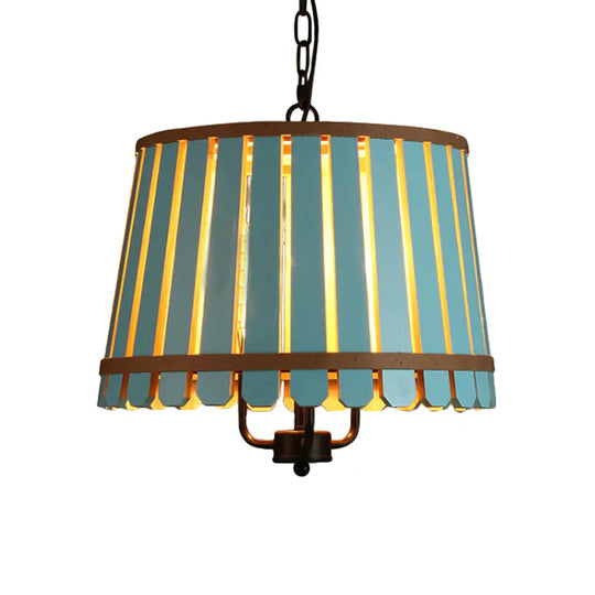 Modern Wooden Wide Slatted 3 Lights Chandelier Blue/Green/Wood Hanging Pendant For Dining Room