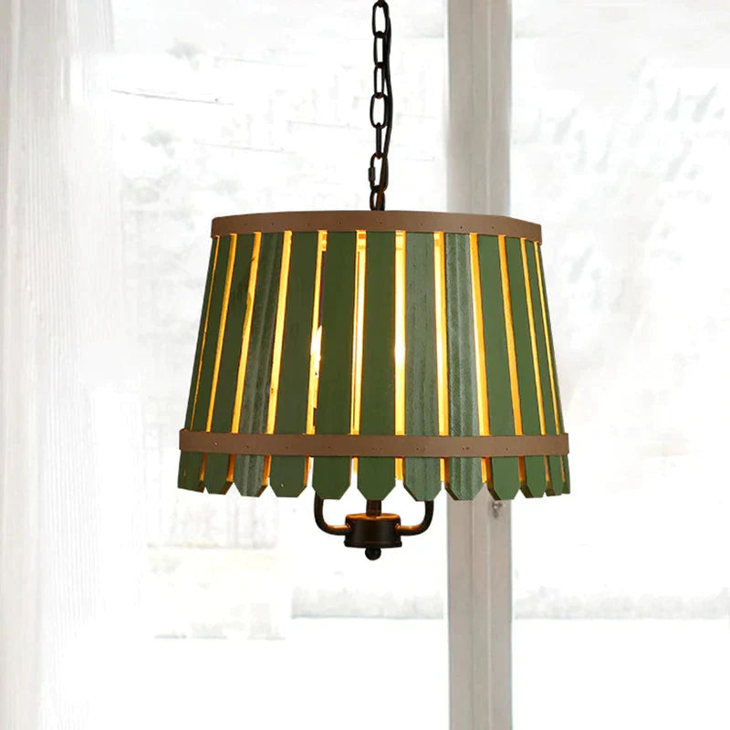 Modern Wooden Wide Slatted 3 Lights Chandelier Blue/Green/Wood Hanging Pendant For Dining Room