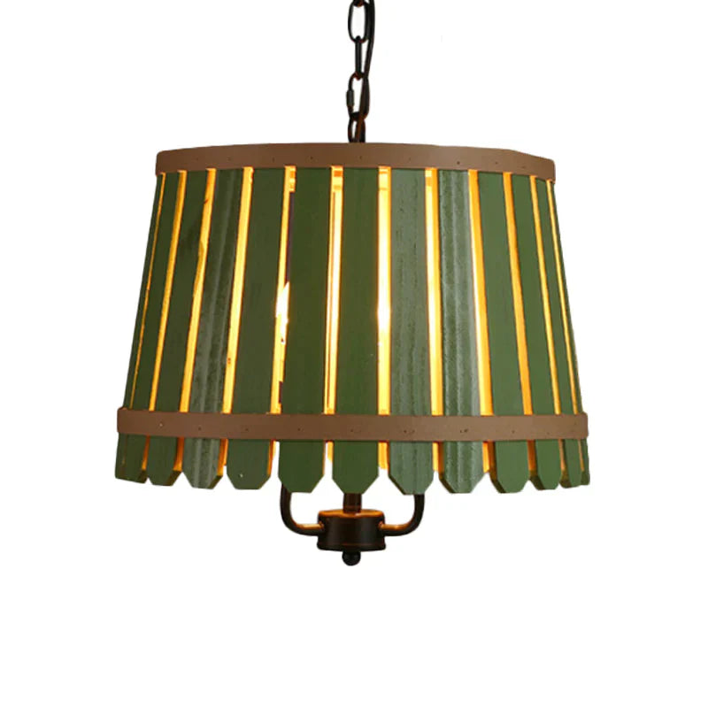 Modern Wooden Wide Slatted 3 Lights Chandelier Blue/Green/Wood Hanging Pendant For Dining Room