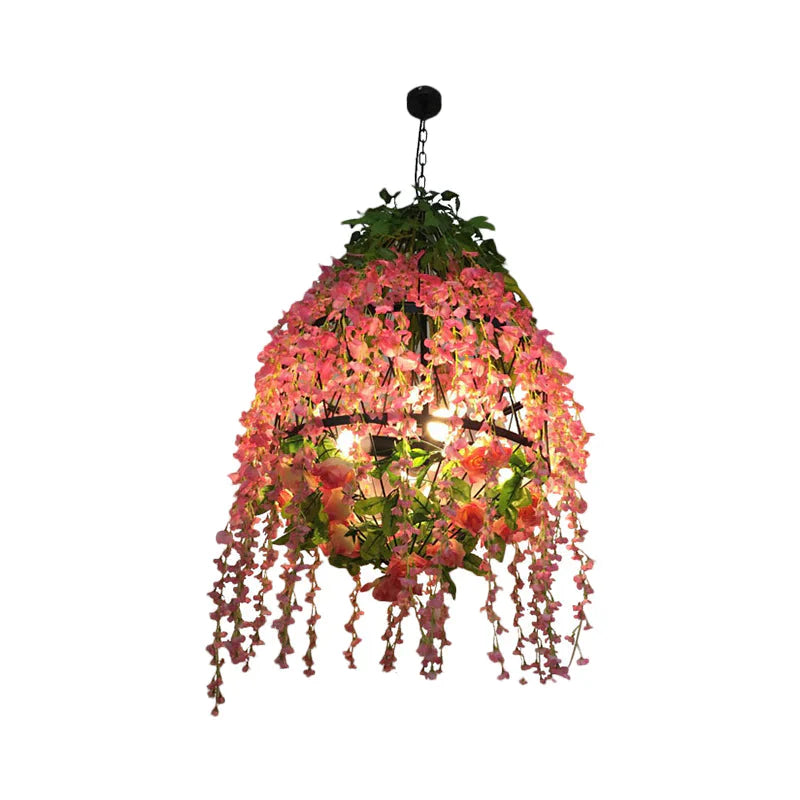 4 Heads Hanging Chandelier Industrial Restaurant Floral Pendant Light Kit With Wire Cage Metal