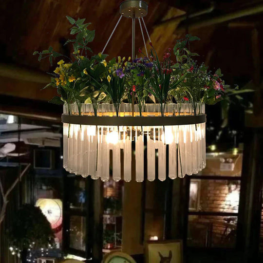 Retro Round Chandelier Lamp 6 - Head Clear Glass Hanging Ceiling Light In Black With Pvc Plant Deco