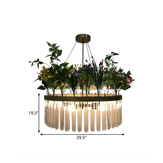 Retro Round Chandelier Lamp 6 - Head Clear Glass Hanging Ceiling Light In Black With Pvc Plant Deco