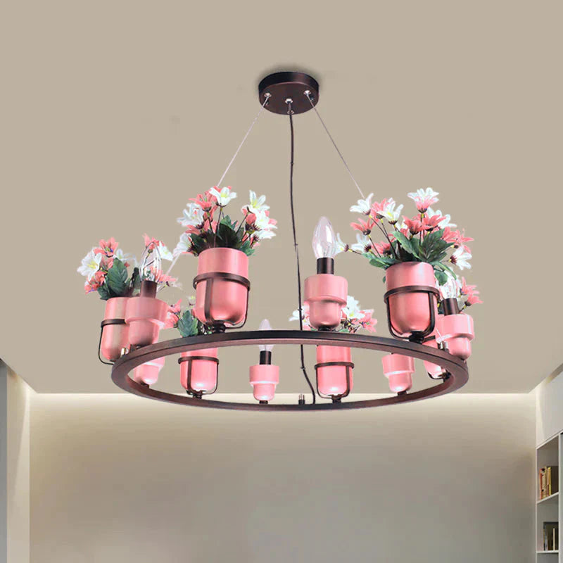 6 Bulbs Metal Chandelier Industrial Pink/Blue Circular Pendant Light Kit With Candle Design Pink