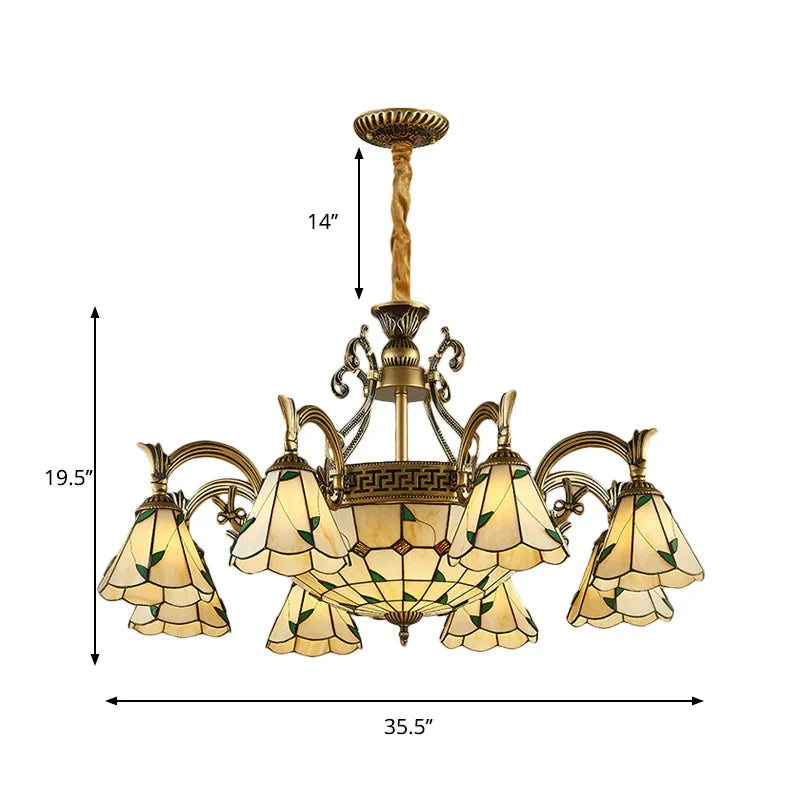 Country Style Dome Pendant Light With Cone Stained Glass 9/11 Lights Chandelier Lamp In Beige