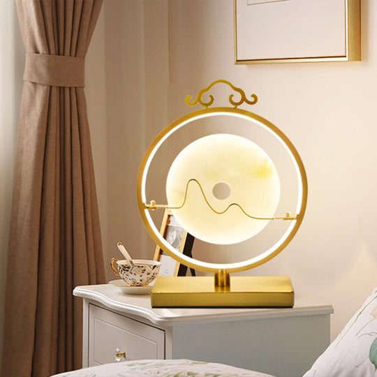 Brianna - Loop Brass Led Night Table Lamp: 11/12 Metal W With Round Jade Deco / 11