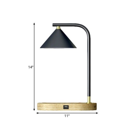 Léopoldine - Beige Simple Oblong Night Lighting Wood 1 Bulb Bedroom Desk Lamp In With Conic Metal