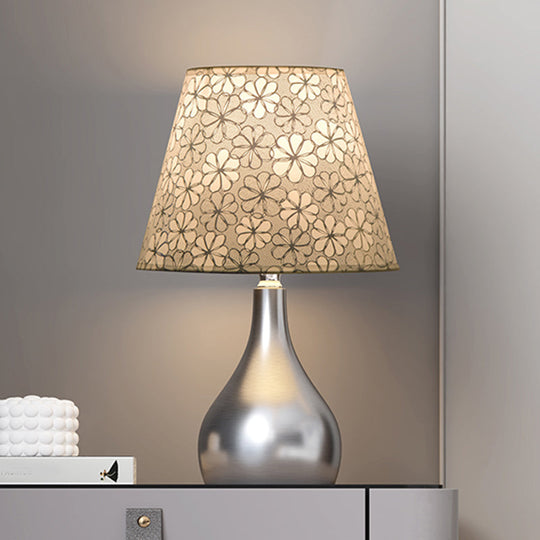 Mathilde - Conic Table Light Modern Fabric 1 Grey Floral Patterned Night Lamp With Gourd Silver