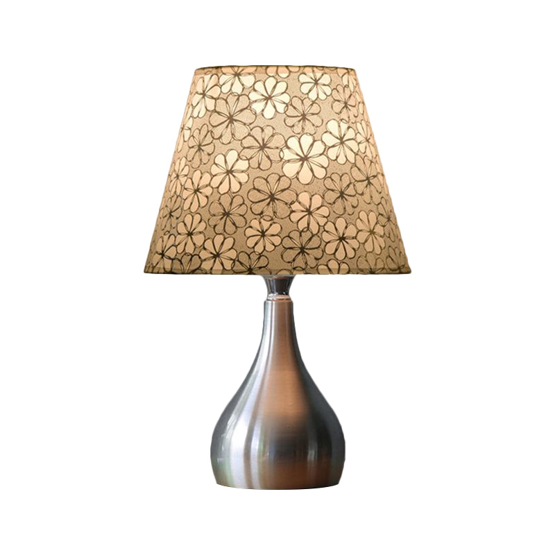 Mathilde - Conic Table Light Modern Fabric 1 Grey Floral Patterned Night Lamp With Gourd Silver