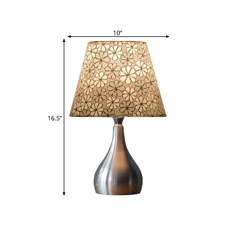 Mathilde - Conic Table Light Modern Fabric 1 Grey Floral Patterned Night Lamp With Gourd Silver