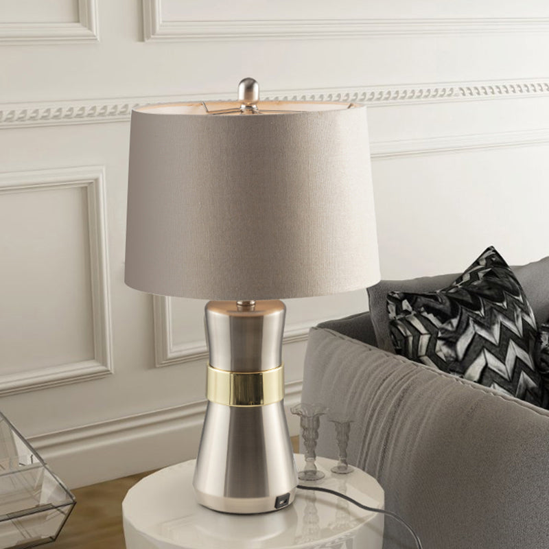 Monica - Contemporary Drum Shaped Table Lamp: Fabric Shade Nickel Finish