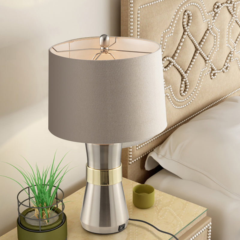 Monica - Contemporary Drum Shaped Table Lamp: Fabric Shade Nickel Finish