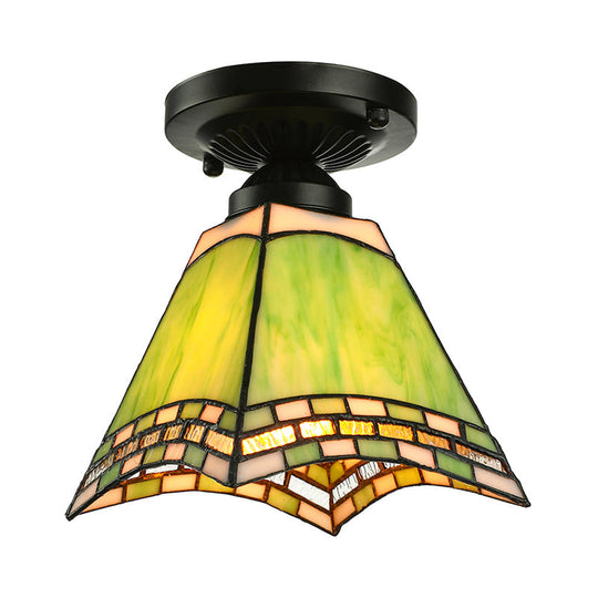 Tiffany - Style Art Glass Ceiling Light - 1 Green Flush Mount Fixture For Offices And Corridors