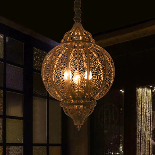 Metal Bronze Pendant Lighting Lantern Shade 3 - Bulb Traditional Hanging Chandelier With Laser Cut