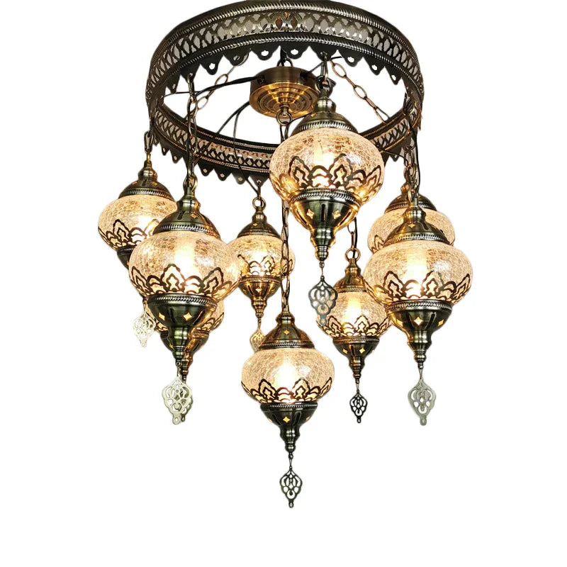 Bronze Elliptical Hanging Ceiling Light Vintage Clear Crackle Glass 9 - Head Bedroom Pendant