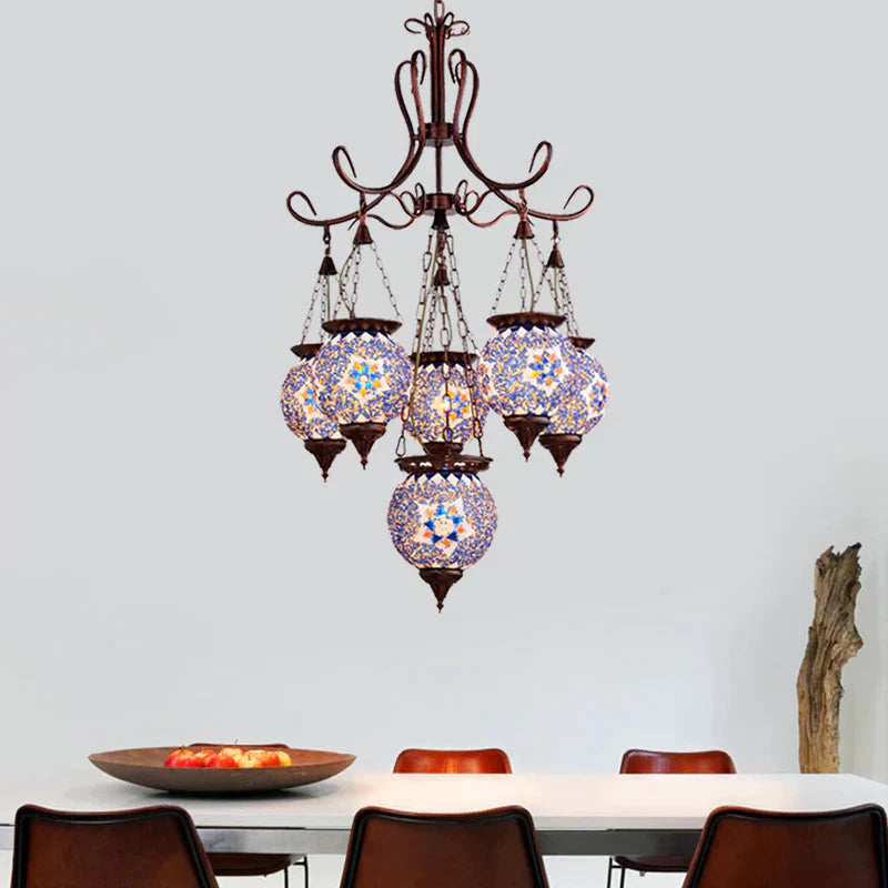 Hand Cut Glass Copper Chandelier Global 6 - Light Turkish Pendant Ceiling Light For Dining Room