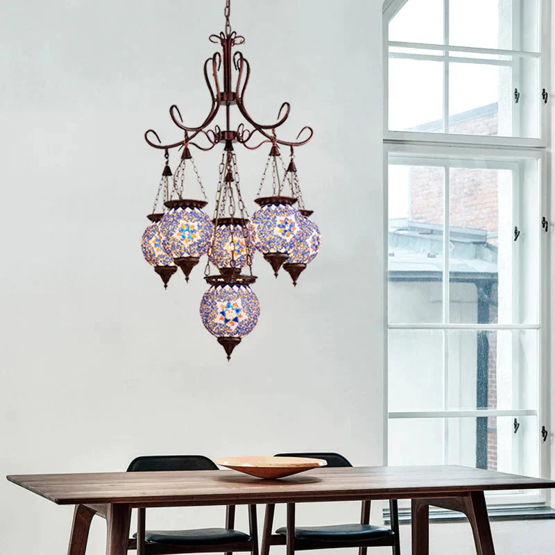 Hand Cut Glass Copper Chandelier Global 6 - Light Turkish Pendant Ceiling Light For Dining Room