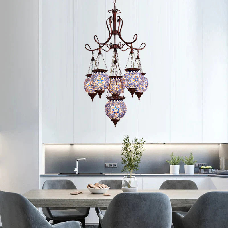 Hand Cut Glass Copper Chandelier Global 6 - Light Turkish Pendant Ceiling Light For Dining Room