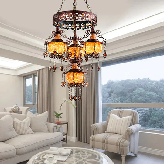 4 Heads Stained Glass Chandelier Bohemia Orange Lantern Living Room Pendant Lighting