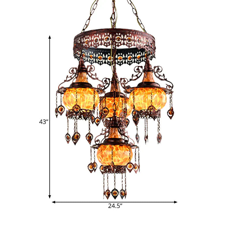 4 Heads Stained Glass Chandelier Bohemia Orange Lantern Living Room Pendant Lighting